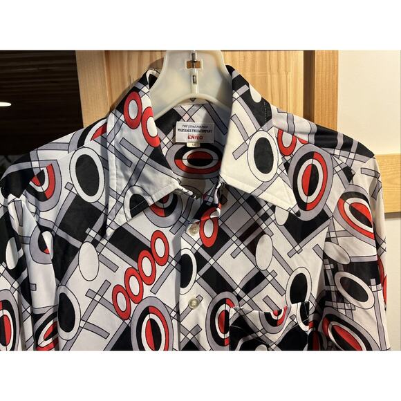 Enro Vintage Men’s M Gray Red Abstract Long Sleeve Button Down Nylon Disco Shirt - Picture 3 of 12